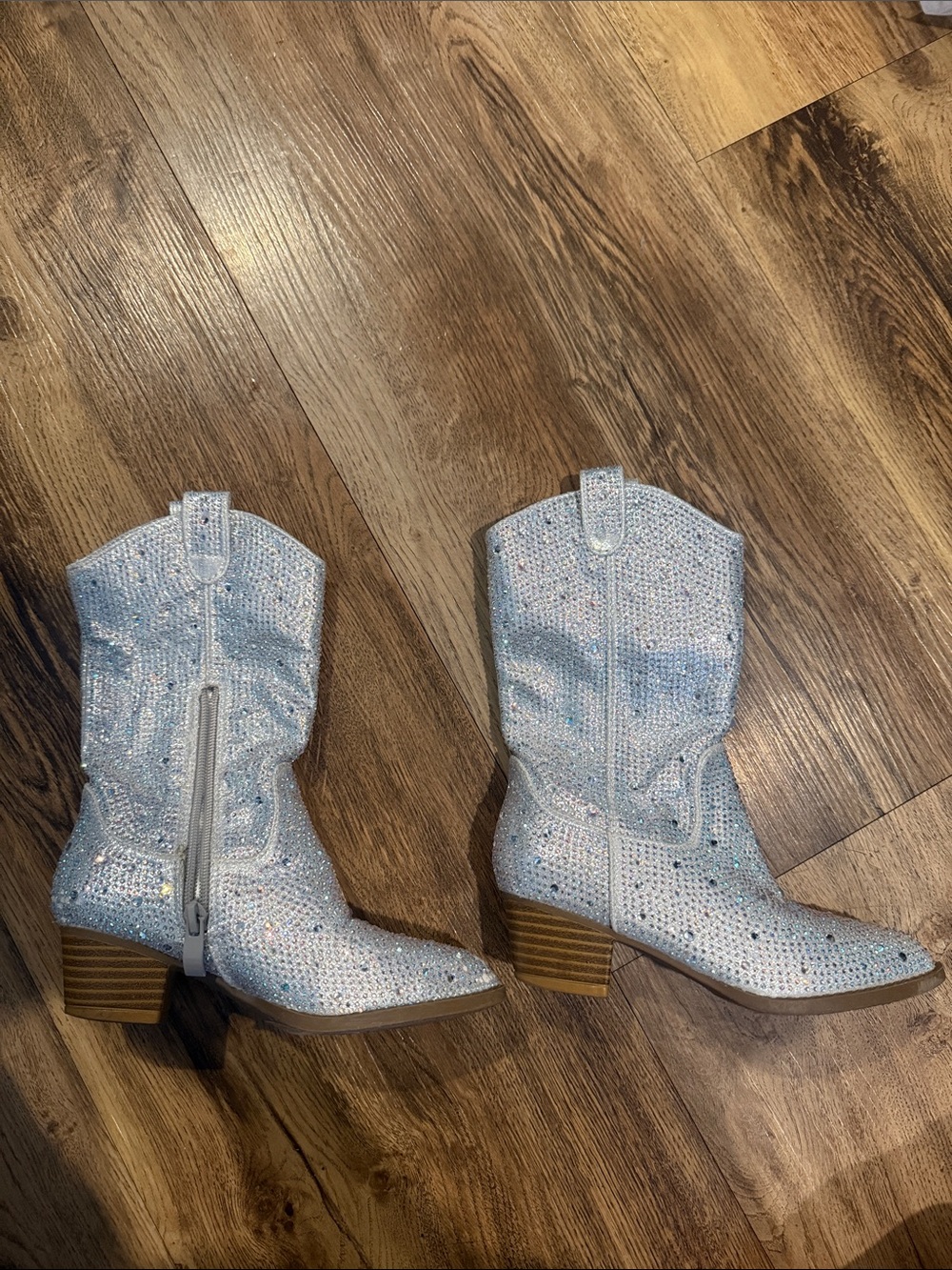 Little Girls Link Glitter Embellished Western Ankle Boots in Silver